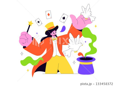 Magician Vector Illustration with Illusionist Conjuring Tricks and Waving a Magic Wand above his Mysterious Hat on a Stage in Flat Cartoon Background 133458372