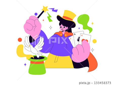 Magician Vector Illustration with Illusionist Conjuring Tricks and Waving a Magic Wand above his Mysterious Hat on a Stage in Flat Cartoon Background 133458373