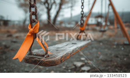A weathered swing with orange ribbon tied to...のイラスト素材 [133458523] - PIXTA