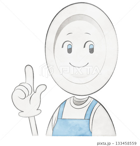 エプロンをつけたお皿のキャラクター（指差し） 133458559