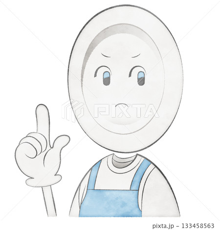 エプロンをつけたお皿のキャラクター（指差し・注意） 133458563