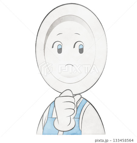 エプロンをつけたお皿のキャラクター（顎に手を当てる・思案） 133458564