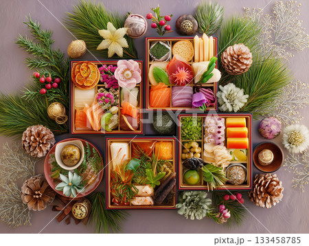 華やかな伝統のおせち料理の盛り合わせ 133458785