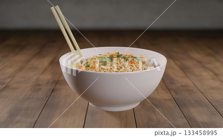 Delicious noodle with egg with chopsticks on ceramic bowl in wooden floor Delicious noodle with egg with chopsticks on ceramic bowl in wooden floor 133458995