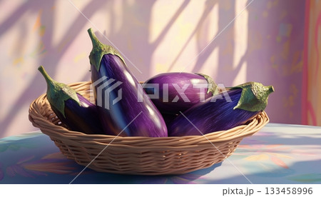 Eggplant organic fresh vegetable on rattan wooden basket 133458996