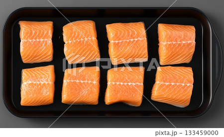 Salmon slice arranged ready to baked on black pan for dinner Salmon slice arranged ready to baked on black pan for dinner 133459000