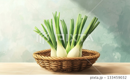 Leeks organic fresh vegetable on wooden rattan in table 133459032