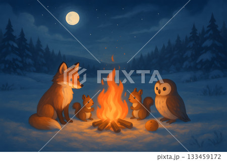 焚き火を囲む動物たちの物語風冬イラストのイラスト素材 [133459172