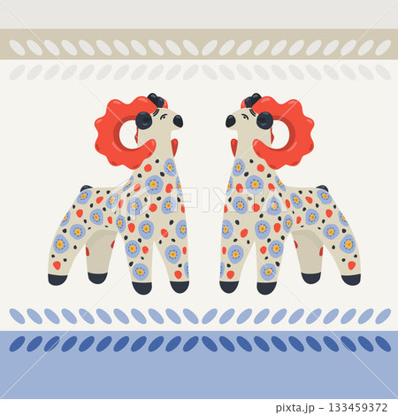 Two goats stand opposite each other. Dymkovsky toy 133459372