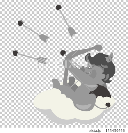 An illustration of a devil-hearted Cupid playing tricks with a bow and arrow 133459666
