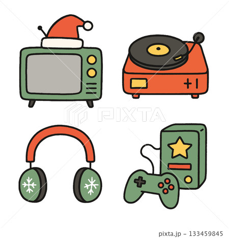 Retro television, record player, headphones, and game console with Christmas theme Retro television, record player, headphones, and game console with Christmas theme 133459845