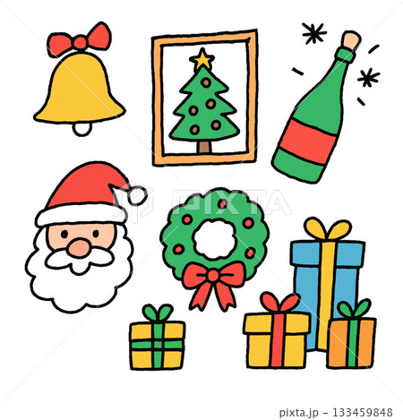 Christmas bell, Santa Claus, wreath, Christmas tree, gift box, champagne bottle, festive mood 133459848