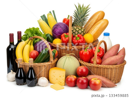 Abundant fresh groceries in wicker baskets with fruits vegetables and pantry items 133459885
