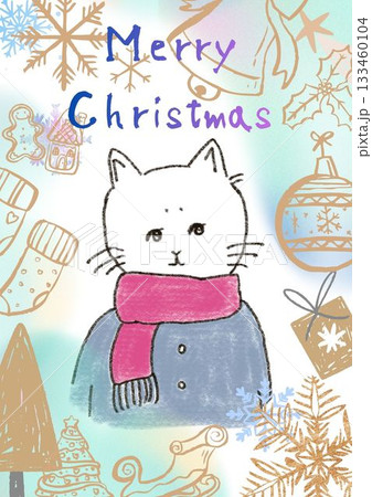 クリスマスの日にお祝いをしているかわいい手描き風の猫イラスト クリスマスの日にお祝いをしているかわいい手描き風の猫イラスト 133460104