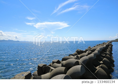 平戸生月島のテトラポットの壁に遮られた海の景色 133460134