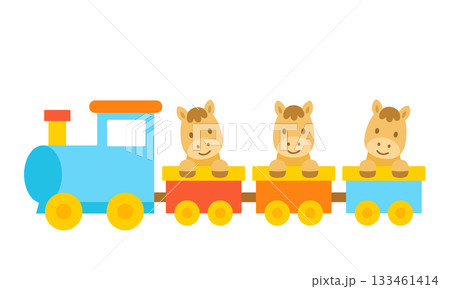 カラフルな汽車に乗るかわいい馬のフラットデザインイラスト 133461414