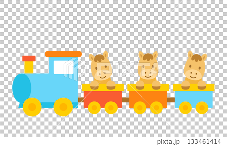 カラフルな汽車に乗るかわいい馬のフラットデザインイラスト 133461414