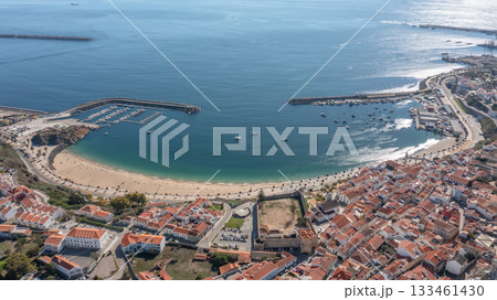 sines portugal. coastal scenic panorama, vivid aerial scene of tranquil beach area, highaltitude perspective showcasing serene sines cove with inviting waters 133461430