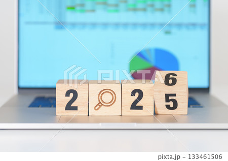 2025 end year to Happy New Year 2026 block with magnifying glass icon against laptop computer. SEO, Search Engine Optimization, hiring , Advertising, Strategy, marketing, Keyword, Content and New year 2025 end year to Happy New Year 2026 block with magnifying glass icon against laptop computer. SEO, Search Engine Optimization, hiring , Advertising, Strategy, marketing, Keyword, Content and New year 133461506