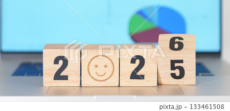 2025 end year to Happy New Year 2026 with Smile block. Satisfaction, feedback, Review, mental health, eco sustainable and good year concept 133461508