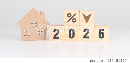 2026 New Year with percentage change to UP and Down arrow with Home model. Real estate Mortgage, Refinance, House loan and debt, Interest rate, Insurance, Financial and Property Tax 133461535