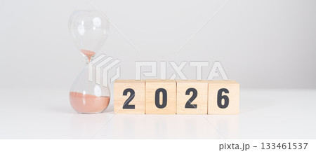 Happy New Year 2026 with hourglass on table. Resolution, time, plan, goal, motivation, reboot, countdown and New Year holiday concepts Happy New Year 2026 with hourglass on table. Resolution, time, plan, goal, motivation, reboot, countdown and New Year holiday concepts 133461537