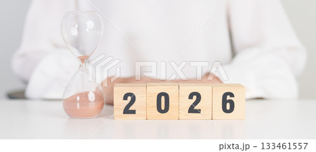 Happy New Year 2026 with hourglass on table. Resolution, time, plan, goal, motivation, reboot, countdown and New Year holiday concepts Happy New Year 2026 with hourglass on table. Resolution, time, plan, goal, motivation, reboot, countdown and New Year holiday concepts 133461557