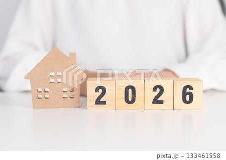 Happy New Year 2026 with house model. real estate, Home loan and mortgage, tax, investment, financial, savings and New Year Resolution concepts Happy New Year 2026 with house model. real estate, Home loan and mortgage, tax, investment, financial, savings and New Year Resolution concepts 133461558