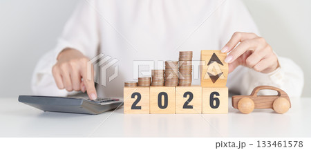 2026 New Year with percentage change to UP and Down arrow, car model and coin stack. Car loan, Interest rate, Insurance, Financial, vehicle Repair, Automobile Tax, mortgage and Maintenance 133461578