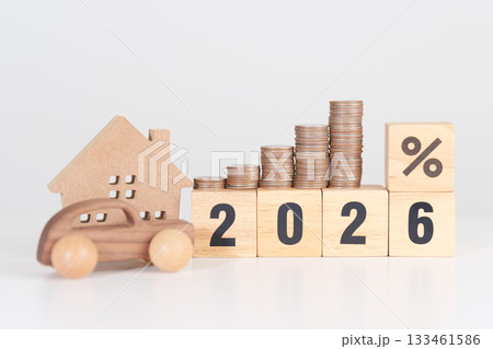 2026 New Year with percentage change to UP and Down arrow, car and Home model with coin stack. Car loan, Interest rate, real estate, house, Insurance, Financial, Repair, Tax, mortgage and Maintenance 133461586