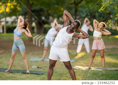 Fitness, sport and healthy lifestyle concept: group of multinational people doing yoga yoga pose - vrikshasana pose on mat in park 133462252