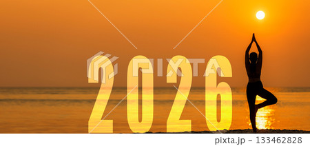 Happy new year card 2026. Silhouette lifestyle woman yoga practicing yoga standing as part of Number 2026  133462828