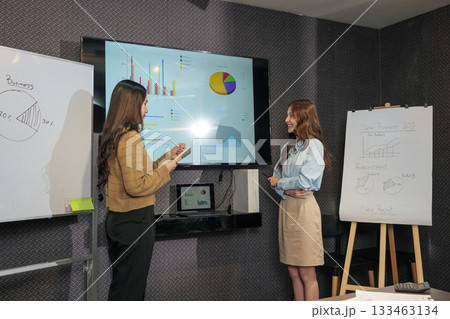 Two business women meet, busy team people collaborate on project work during business meeting, presenting data charts, sharing ideas, planning success in conference room setting. Two business women meet, busy team people collaborate on project work during business meeting, presenting data charts, sharing ideas, planning success in conference room setting. 133463134