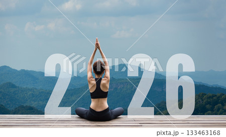 Happy new year start up 2026. Yoga women lifestyle exercise and pose for healthy life. Happy new year start up 2026. Yoga women lifestyle exercise and pose for healthy life. 133463168