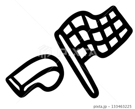 Hand drawn outline of race flag and whistle for running competition, marathon, race, human, people, diet, exercise, sport, activity, healthy lifestyle, hobbies, leisure, campaign badge, sticker 133463225