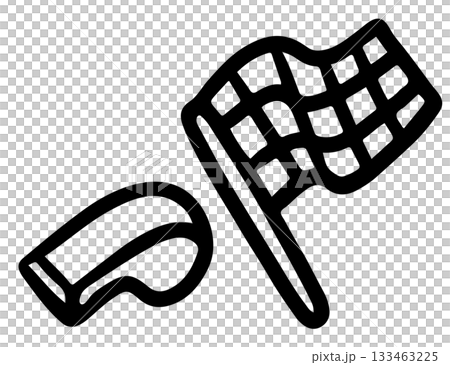 Hand drawn outline of race flag and whistle for running competition, marathon, race, human, people, diet, exercise, sport, activity, healthy lifestyle, hobbies, leisure, campaign badge, sticker 133463225