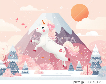 ポップな午(うま)のキャラクターと富士山の年賀状イラスト ポップな午(うま)のキャラクターと富士山の年賀状イラスト 133463350