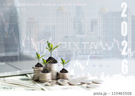 2026 New year on growing up money coin stack for investment. 133463508