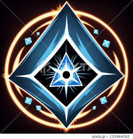 Mysterious glowing blue diamond emblem with radiating energy, symbolizing power and ancient magic 133464262