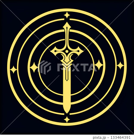 Striking golden sword emblem with celestial stars within concentric circles on dark background 133464391
