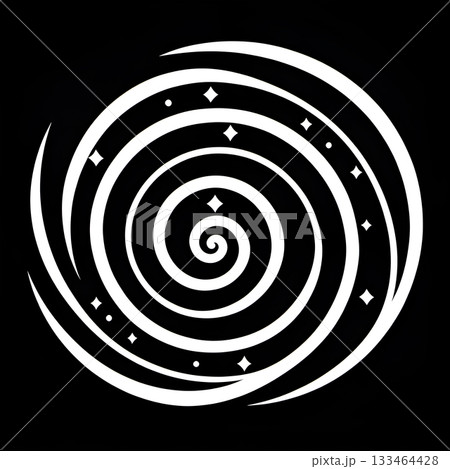 Hypnotic white spiral with sparkling stars and dots on a black background, creating a mesmerizing and cosmic visual effect 133464428