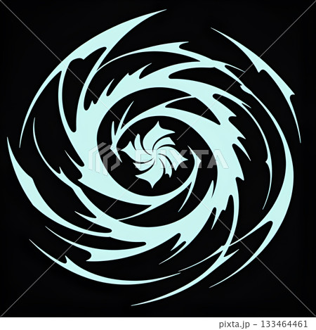 Dynamic light blue abstract spiral vortex design with sharp edges and central flower shape on black background 133464461