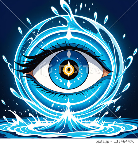 Vibrant blue eye surrounded by dynamic water splashes and abstract glowing waves, symbolizing vision and energy 133464476