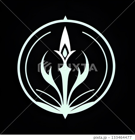 Elegant minimalist emblem design with a sharp, pointed center and curved petals within a circular frame, symbolizing growth and aspiration. 133464477