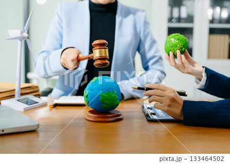 A gavel strikes a green planet symbolizing eco justice as two professionals review contracts for sustainable energy policy, climate law, A gavel strikes a green planet symbolizing eco justice as two professionals review contracts for sustainable energy policy, climate law, 133464502