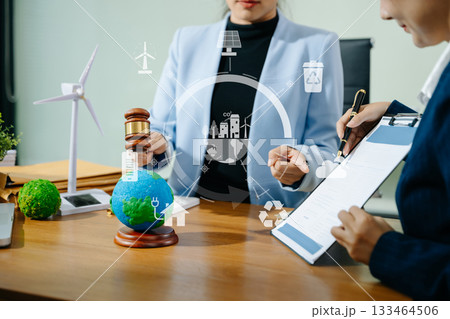 Two businesswomen plan sustainable energy strategies with global models, legal contracts, and smart eco tech to drive green innovation Two businesswomen plan sustainable energy strategies with global models, legal contracts, and smart eco tech to drive green innovation 133464506