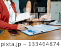 Working team meeting concept, business using laptop and smart phone and digital tablet computer with digital marketing media  in virtual icon network diagram office 133464874