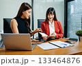 Business portrait two woman asian  smile cheerful talk and holding tablet, computer with in agreement ready new project job for work in room office 133464876
