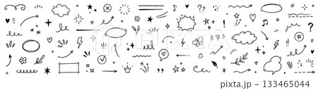 Cute line sketch star, arrow, heart design element icon set. Hand drawn sketch doodle cute star, heart, flower element. Line text decoration scribble decoration icon. Hand drawn Vector 133465044