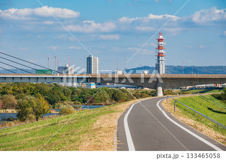 淀川左岸堤防上から望む菅原城北大橋と城北ワンド群 大阪市 淀川左岸堤防上から望む菅原城北大橋と城北ワンド群 大阪市 133465058